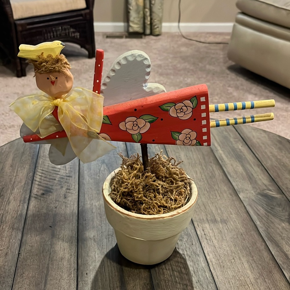 Whimsical Angel Wooden in Faux Planter 11” Tall